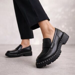 Schutz Christie Shoes Women's US 10B Black Leather Studs Platform Penny Loafers